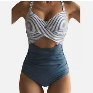 EOMENIE One Piece Push Up Cut out Swimsuit Blue & White/Black Stripes Size L NWT